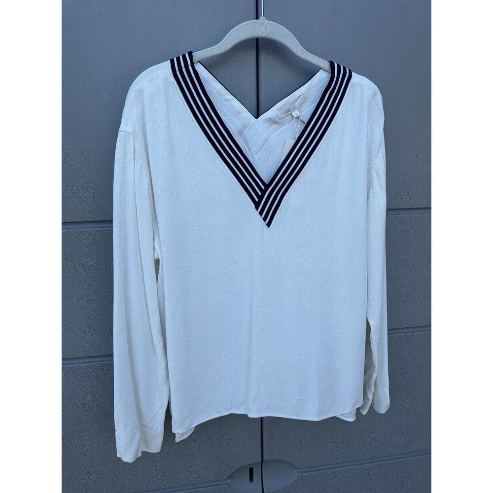 Maje $265 Lorni Lounge Long Sleeves Crepe Striped V-Neck Neckline Top Sz 3/L US - Picture 7 of 16